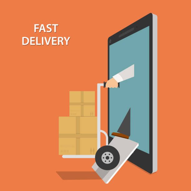 Fast Goods Delivery Concept Flat Isometric Vector Illustraion. Contains Image of Delivery Man With Hand Truck and Parcels Appeared From Smartphone or Tablet.
